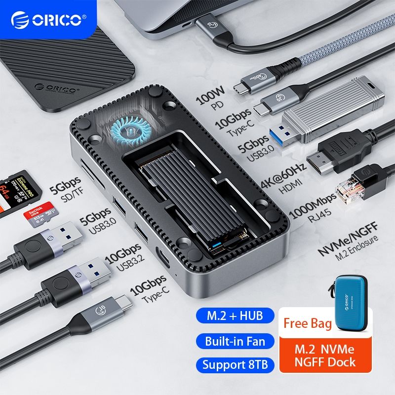 ORICO ฮับ USB C พร้อมพัดลมระบายความร้อน NVMe SATA SSD Enclosure 10 In 1 Type C PD 100W USB3.2 10Gbps HDMI RJ45 SD TF สําหรับแล็ปท็อป MacBook HP Lenovo （DPM2P9）