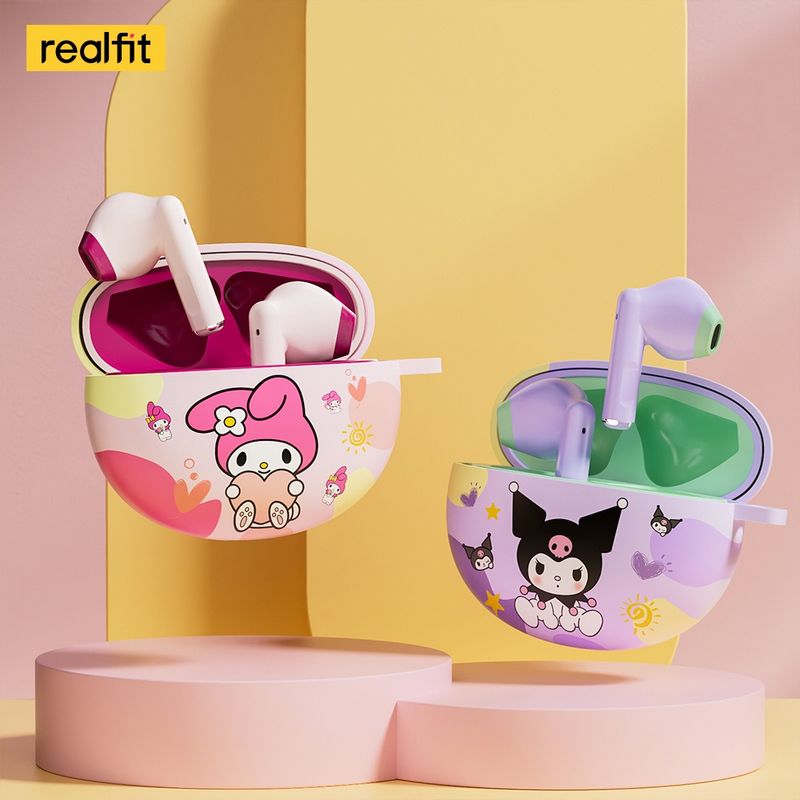 Realfit F2 หูฟังบลูทูธไร้สาย พร้อมเคส ลายการ์ตูน ขนาดเล็ก พร้อมไมโครโฟน รองรับการโทร วิดีโอ