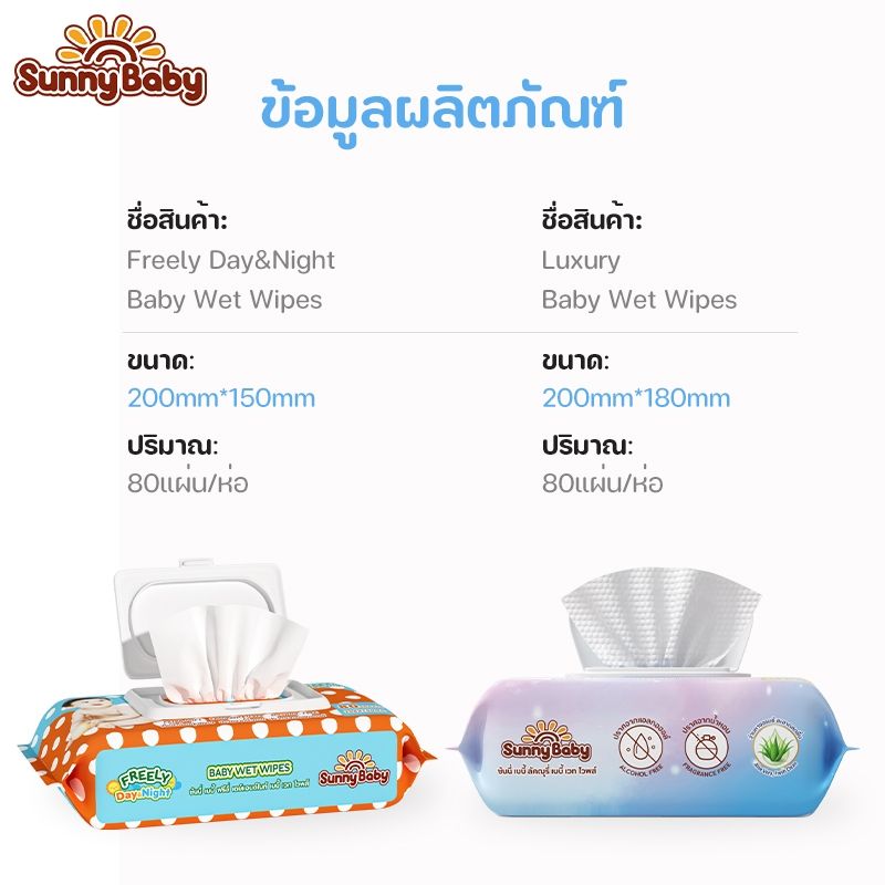 Sunny Baby:Sunny Baby Wipes ซันนี่ เบบี้ ทิชชู่เปียก,Freely(80แผ่น) 1แถม1