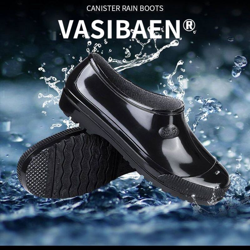 VASIBAEN🔥สามารถจ่ายเงินเมื่อได้รับสินค้า🔥รองเท้าบูตลุยฝนข้อต่ำแฟชั่นของผู้ชายรองเท้าใส่ทำงานนิรภัยตื้น PVCพื้นหนาทรงท่อต่ำสีดำรองเท้าบูทกันน้ำรองเท้าลุยน้ำรองเท้าบูทยาง