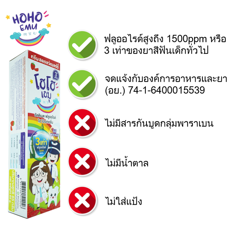 HOHOEMU ยาสีฟันเด็ก โฮโฮเอมุ ฟลูออไรด์ 1500ppm (3เท่า) ขนาด 65g รสสตรอเบอรี่