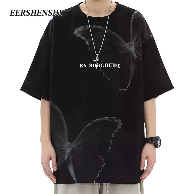 EERSHENSHI ผู้ชายเสื้อยืดแนวโน้มแฟชั่นลำลองผู้ชายแขนสั้นผีเสื้อพิมพ์อเมริกันย้อนยุคลำลองผู้ชายเสื้อยื