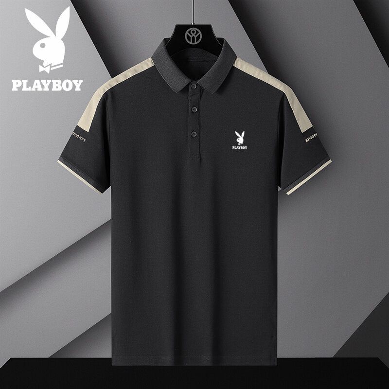 PLAYBOY เสื้อยืดผู้ชายธุรกิจใหม่เสื้อยืดผู้ชายสีทึบเรียบง่ายแขนสั้นเย็บเสื้อเชิ้ตลำลองเสื้อโปโลตัดกัน