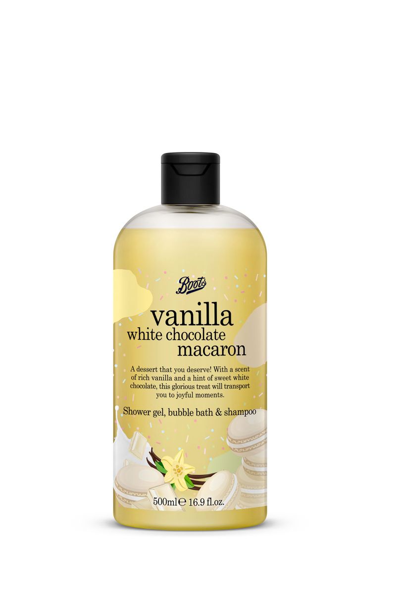 Boots:Vanilla White Chocolate Macaron Shower Gel, Bubble Bath & Shampoo,500