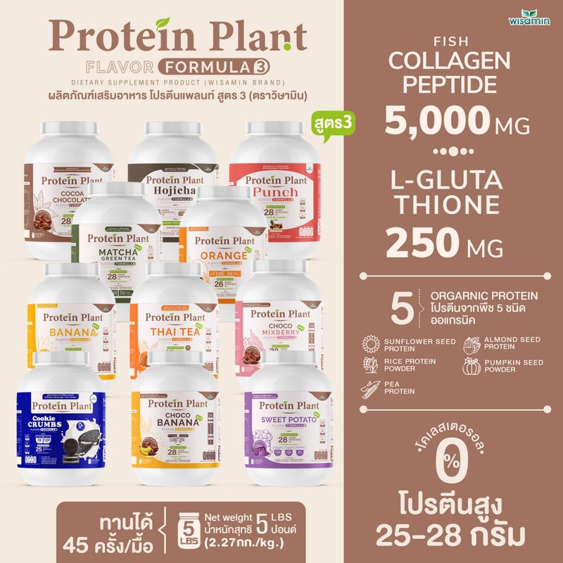 PROTEIN PLANT โปรตีนแพลนท์ สูตร 3 ((11 รสชาติ)) ปริมาณ 2.27 kg/กระปุก โปรตีนพืช ออแกรนิค คอลลาเจนเปปไทด์ แอลกลูต้าไธโอน