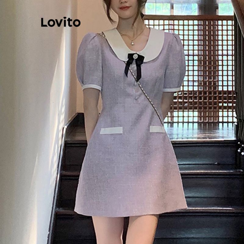 Lovito ชุดเดรส แขนพอง คอปกตัดกัน แต่งโบ กระเป๋าปลอม สีพื้น สไตล์ลำลอง สำหรับผู้หญิง LNA17158 (สีม่วง)