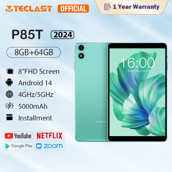 NEW 2024 แท็บเล็ต Teclast P85T - รุ่นปี 2024 พร้อม RAM 8GB และ ROM 64GB, Android 14, 4GHz/5GHz, จอแสดงผล FHD ขนาด 8 นิ้ว 1280x800, รับประกันศูนย์บริการ 1 ปี!