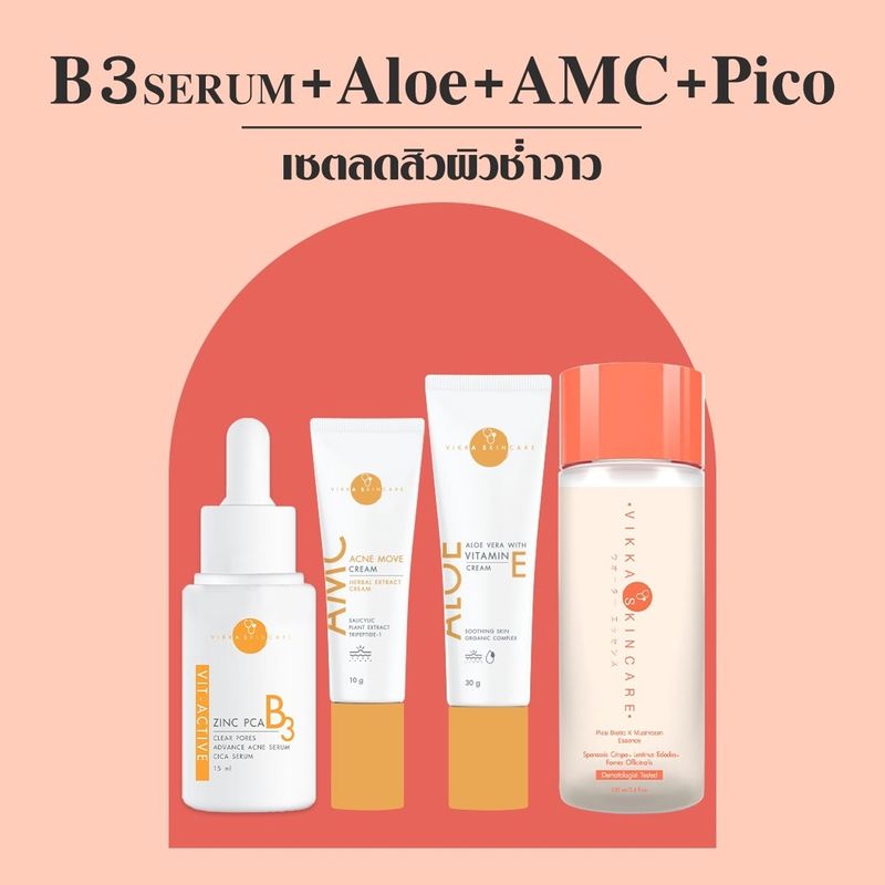 ส่งฟรี !! เซตสิวขายดี VIKKASKINCARE Pico100ml + B315ml + AMC10g + AlOE 30g  น้ำตบเห็ด เซรั่มลดสิวหมอกุ้ง แต้มสิวออแกนิก