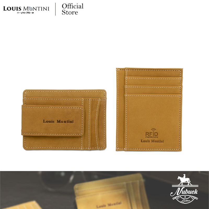 Louis Montini Nubuck Leather กระเป๋าสตางค์ผู้ชาย หนังนูบัค RFID Protection หนังวัวแท้ Slim Wallet for Men (WK13,WK14)