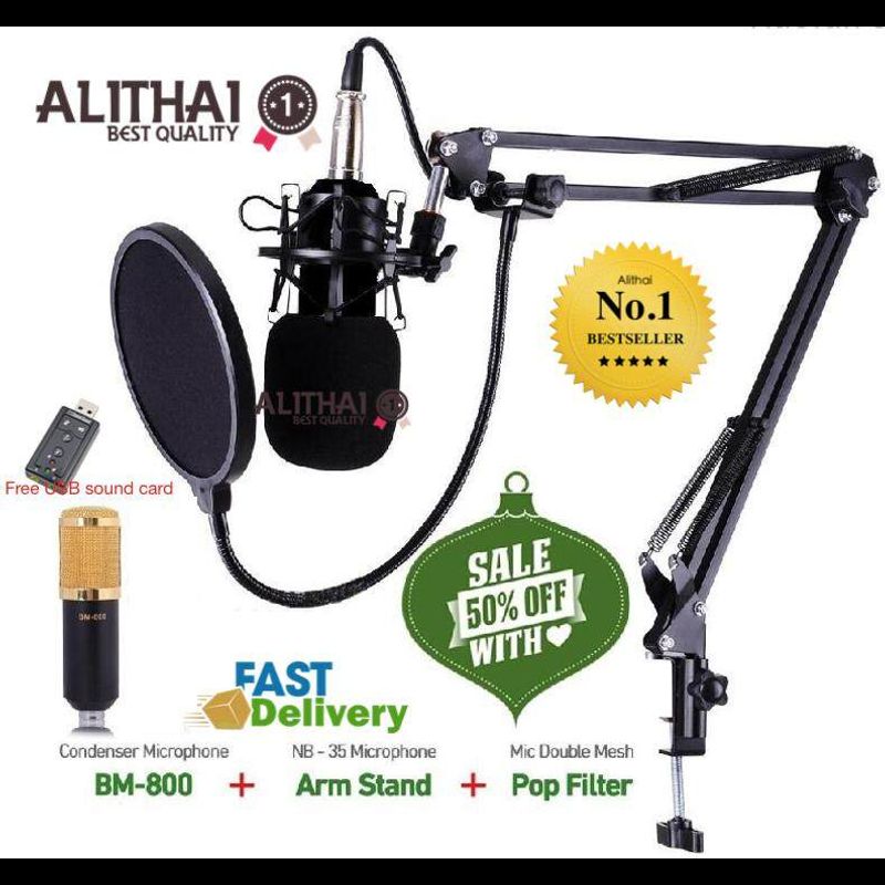 Alithai ไมค์ ไมค์อัดเสียง คอนเดนเซอร์ Pro Condenser Mic Microphone BM800 พร้อม ขาตั้งไมค์โครโฟน และอุปกรณ์เสริม