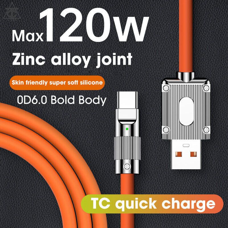 120W 6A Super Fast Charge Cable LED OD6.0หนา สายซิลิโคน Quick Charge สาย PD USB สาย Type C สำหรับ Xiaomi Huawei OPPO VIVO Realme สาย iPhone 11 14 Pro Max 14Plus 13 13Pro MAX 12 11 X XS XR 6 7 8 Plus