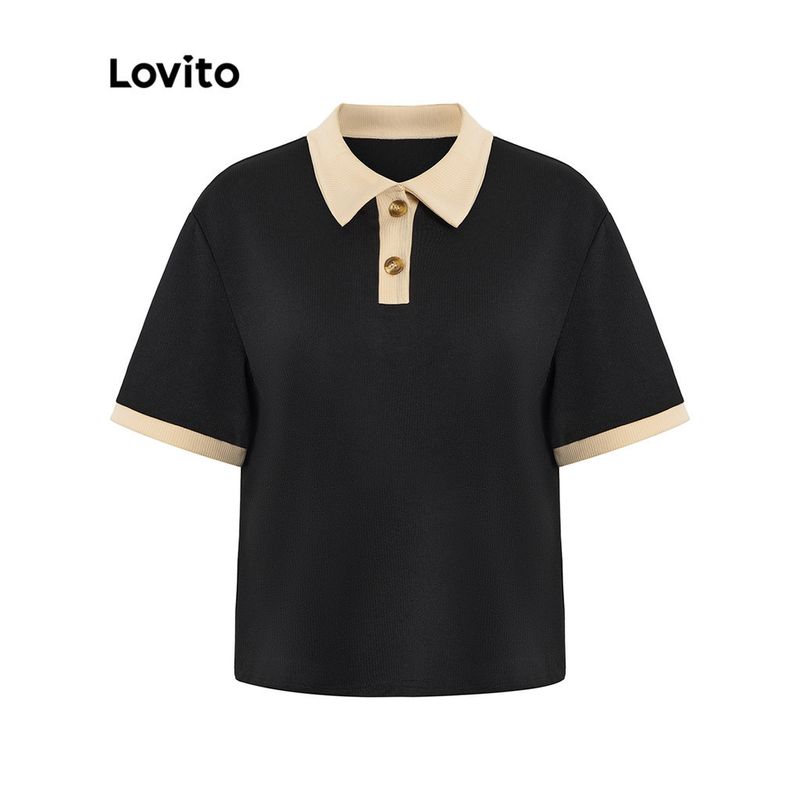 Lovito เสื้อยืด แขนสั้น กระดุมติด สีคัลเลอร์บล็อก สีพื้น สไตล์ลำลอง สำหรับผู้หญิง L47ED014 (สีดำ)