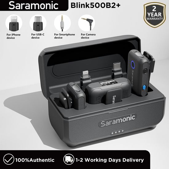 Saramonic Blink500B2+ ไมโครโฟนแบบคลิปไร้สาย 4-in-1 ไมโครโฟนแบบหนีบเสื้อมืออาชีพมินิไมค์สำหรับการบันทึกวิดีโอVloggingกล้องiPhone Androidแล็ปท็อปYouTube TikTok