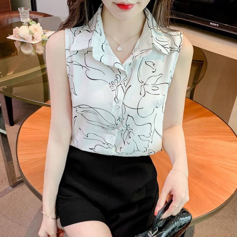 Fragmented Blossom Shirt Womens 2023 New Summer Design Sense: Small Group Covers The Stomach Shows Thin Temperament Chiffon Sleeveless Top