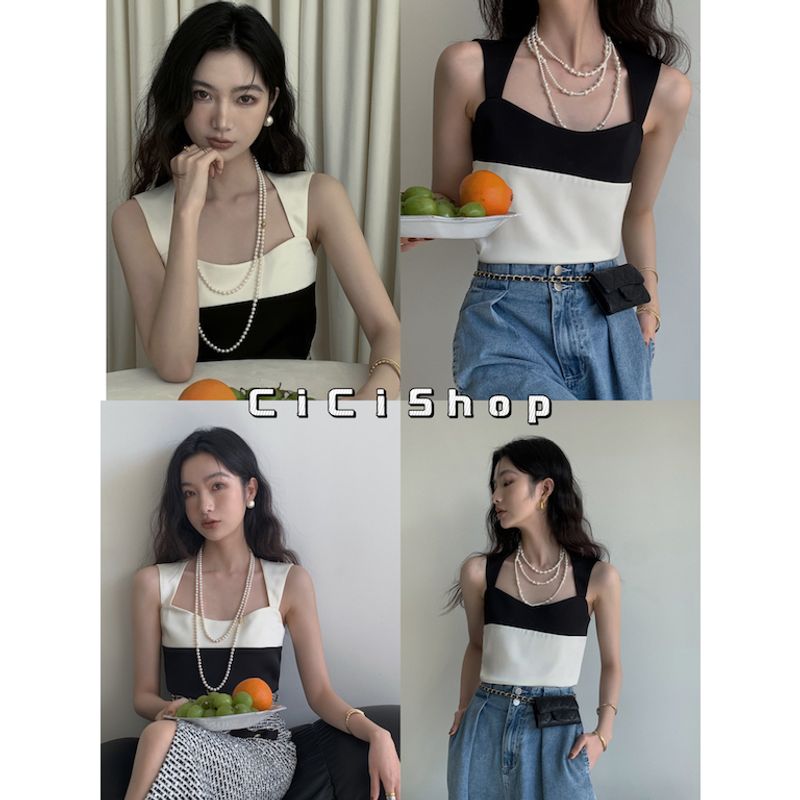 Cicishop(J309/j301)เสื้อกล้ามครอปTop ดีเทลสายผูกโบว์สีทูโทนผ้าดีย์ใส่แล้วเรียบหรูดูแพง