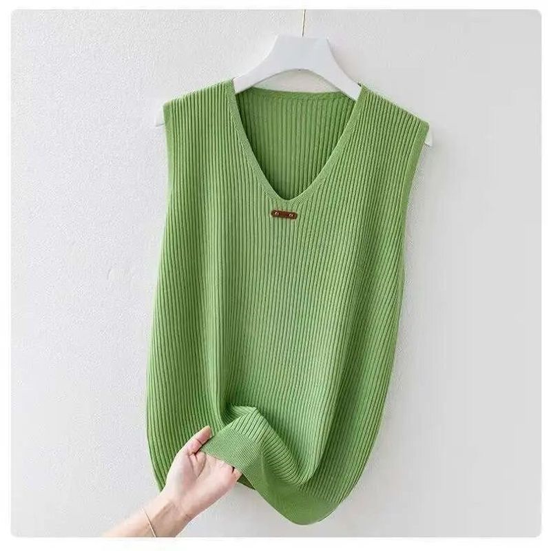 【มีไซส์ใหญ่】Plus Size M-4XL Womens V-neck Knitted Summer Shirts Oversized Solid Color Sleeveless Female Tops