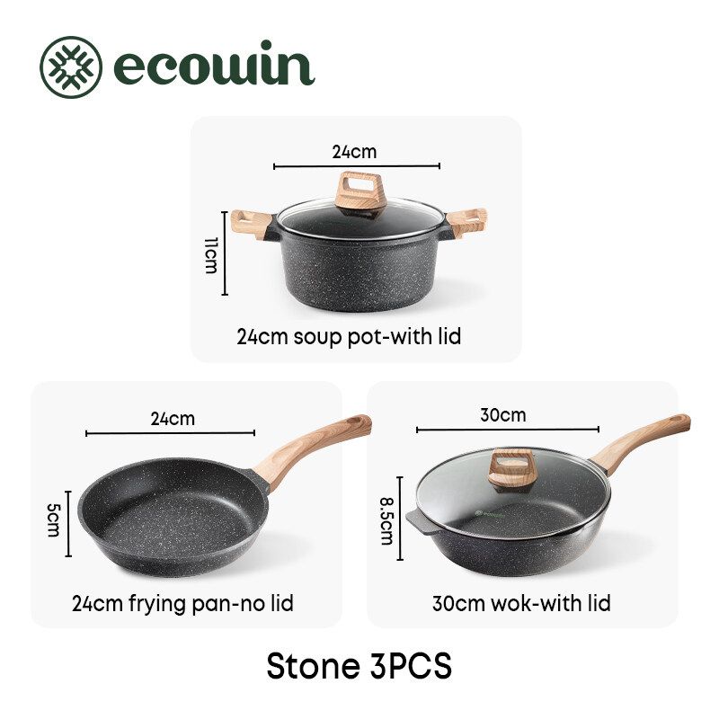 Ecowin ชุดเครื่องครัว 3 / 4 ชิ้น - กระทะ Nonstick ชุดกระทะทอดลึก Wok + กระทะ + หม้อซุป + กระทะกระทะเหมาะกับเตาทุกเตา