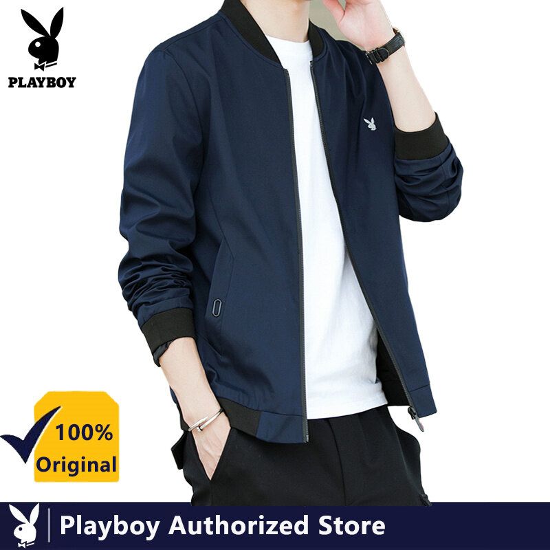 PLAYBOY เสื้อแจ็คเก็ตแขนยาวสไตล์คลาสสิกสำหรับผู้ชายเสื้อแจ็คเก็ตบอมเบอร์และเสื้อแจ็คเก็ตสีกรมท่าปี2021