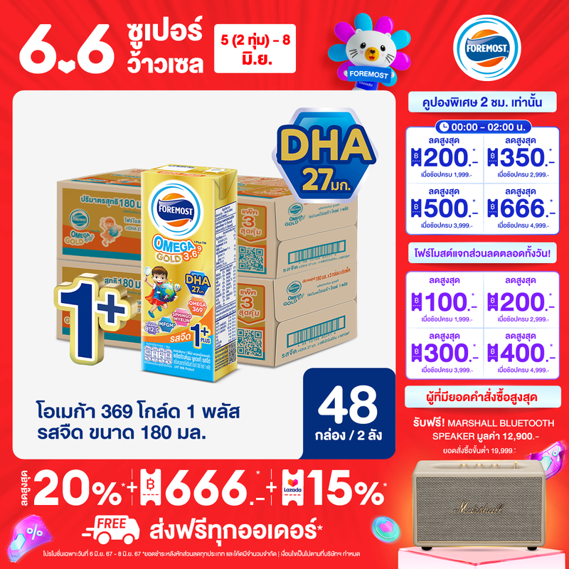 [ขายยกลังx2] โฟร์โมสต์ โอเมก้า 369 โกลด์ 1 พลัส รสจืด 180มล (24กล่อง/ลัง) Foremost Omega 369 Gold 1 Plus Plain 180ml (นมกล่องUHT)