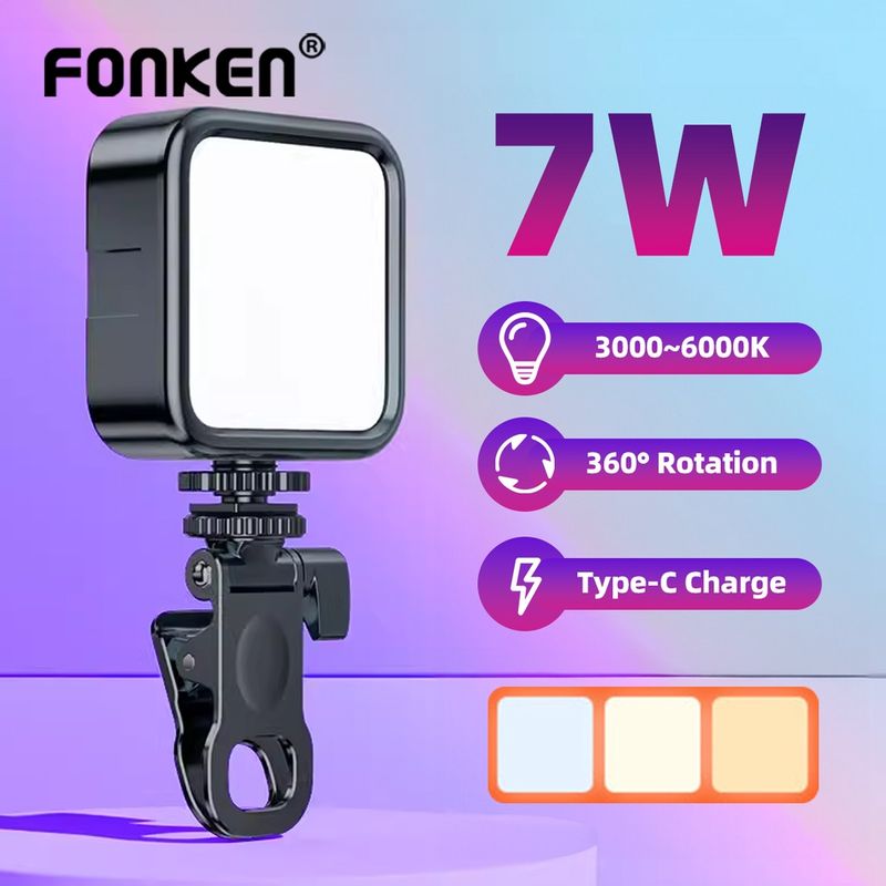 Fonken ไฟเติมเซลฟี่ LED 7W แบบชาร์จไฟได้ พร้อมคลิปหนีบ สําหรับประชุมทางไกล โทรศัพท์ แล็ปท็อป คอมพิวเตอร์ โคมไฟวิดีโอ LED ขนาดเล็ก