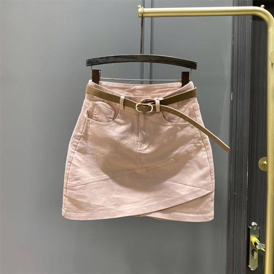 Light Mature Style New 2023 Summer Denim Short Skirt Ins Women's Irregular High Waist Slim A-line Half-length Dress Pink Wrap Arm Skirt