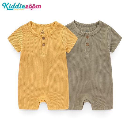 Kiddiezoom เสื้อผ้าเด็กแรกเกิด2ชิ้นชุดรอมเปอร์แขนสั้นทารกชุดหมีผ้าฝ้ายบริสุทธิ์สีทึบเด็กผู้ชายเด็กผู้หญิงจัมพ์สูทยืดหยุ่นได้ดีมากเฉียบ100%