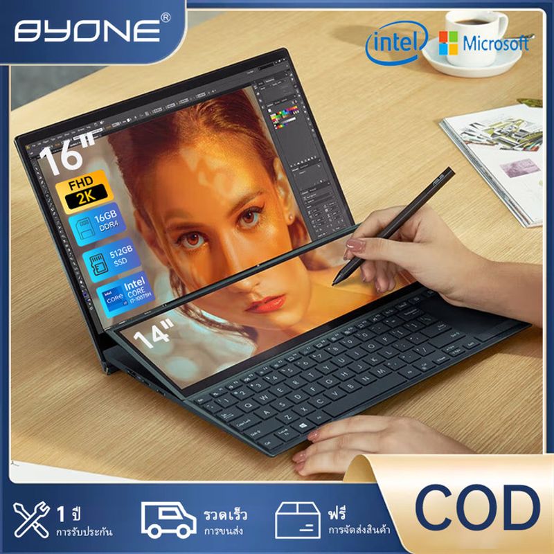 BYONE 16"+14"2K โน๊ตบุ๊ค Intel Core i7-10875H 16 GB RAM 512 GB SSD Laptop Computer Windows 11 Pro 5.0GHz For เกม สำนักงาน การศึกษา