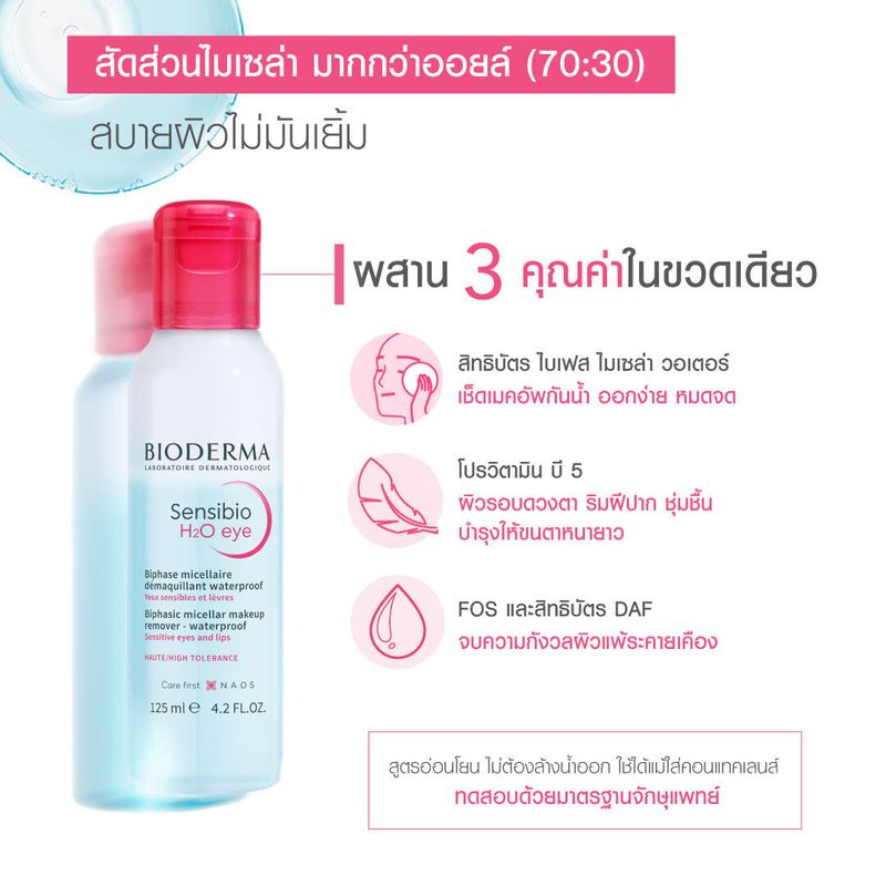 Bioderma Sensibio H2O Eye Makeup Remover 125 ml + Sensibio H2O 500 ml x2 (Twin Pack) อายเมคอัพ รีมูฟเวอร์ และคลีนซิ่งสำหรับผิวแพ้ ระคายง่าย