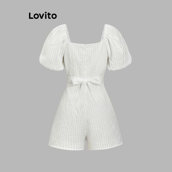 Lovito จั๊มสูทผู้หญิง ผูกโบว์หลัง สีพื้น สไตล์ลำลอง L80ED342