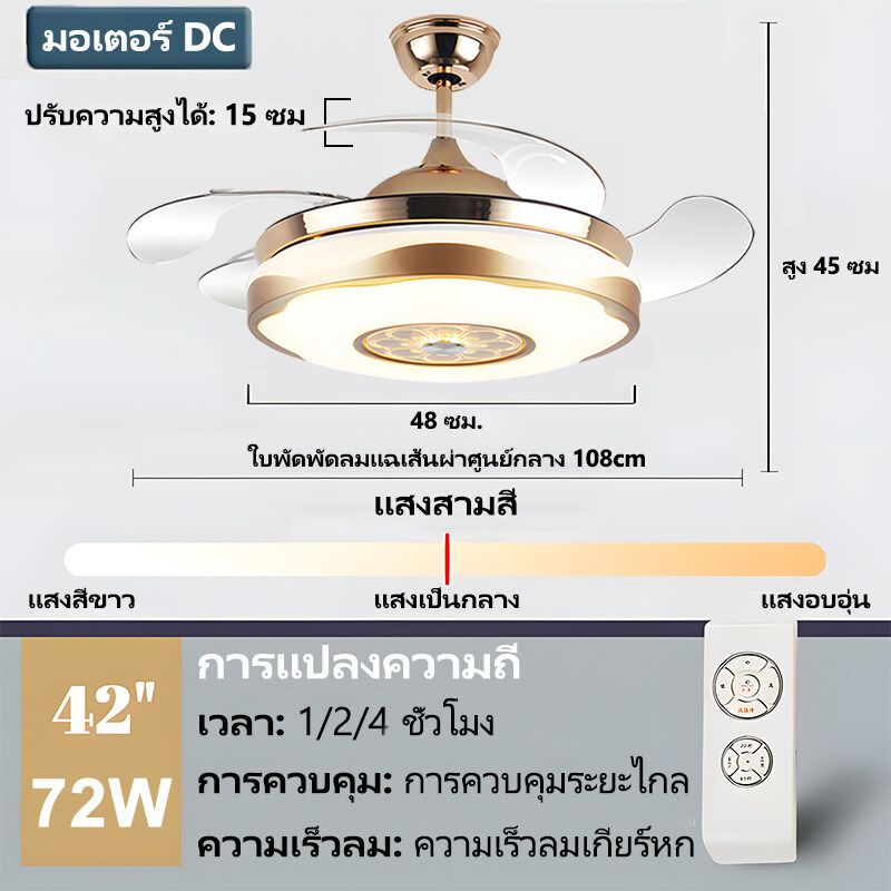 GOGEOUS พัดลมเพดานมีไฟ พัดลมเพดาน ลมความเร็ว 6 ระดับและไฟสี 3 สี พัดลมเพดานมีไฟ ใบพัดลม 4 ใบโปร่งใสมองไม่เห็นขนาด 42 นิ้ว พัดลมเพดาน ซีพัดลม พัดลมเพดานรีโมท โคมไฟพัดลมเพดาน โคมไฟพัดลม พัดลมโคมไฟ พัดลมมีรีโมท ceiling fan with light and remote