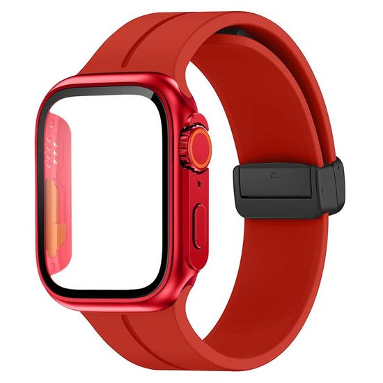 กระจก + เคส + สายรัดสำหรับสายคาด Apple Watch 44มม. 45มม. 41มม. 40มม. 42มม. 38มม. สร้อยข้อมือซิลิโคนหัวเข็มขัดแม่เหล็ก + อ่าว I Watch Series 8 Se 7 6 5 4 3 2 1