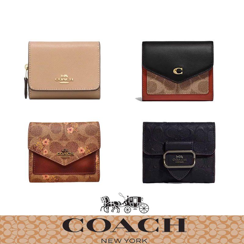 COACHพร้อมป้ายรับรองการซื้อ-ที่ใส่บัตร กระเป๋าสตางค์ใบสั้น 3 พับหนังแท้ F37968