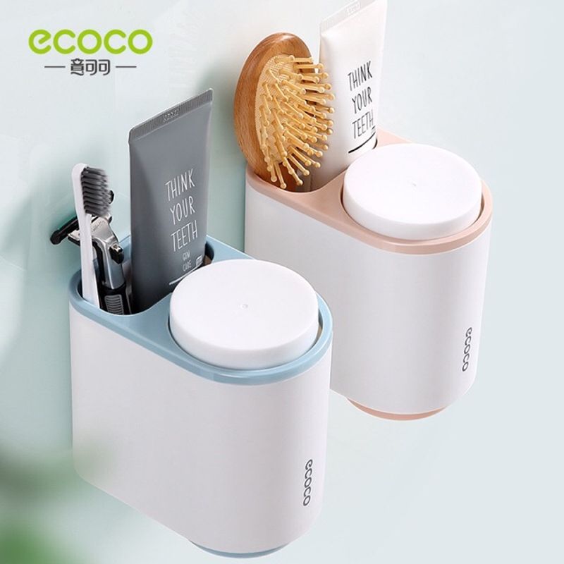 ECOCO ที่เก็บแปรงสีฟัน พร้อมแก้ว 2 ใบ ที่ใส่ยาสีฟัน ติดผนัง ไม่ต้องเจาะ E1905