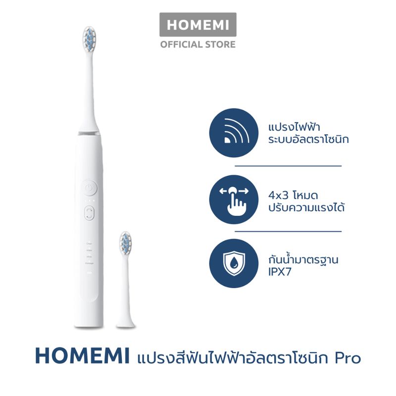 Homemi แปรงสีฟันไฟฟ้าอัลตราโซนิก Ultrasonic Toothbrush ปรับได้ 4 โหมด 3 ระดับความแรง รุ่น HM0048-P-WH