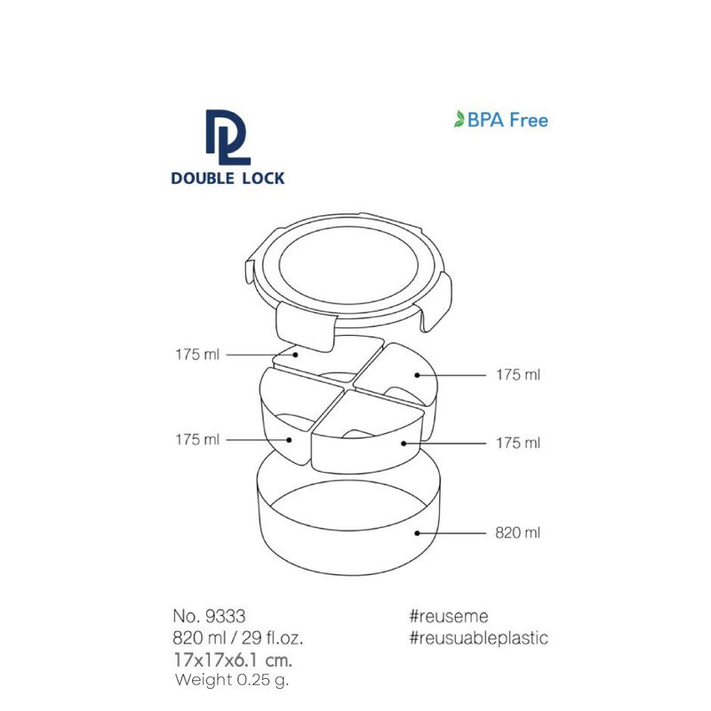 Double Lock กล่องอาหาร กล่องข้าว 3 ช่อง กล่องถนอมอาหาร แบ่งช่อง เข้าไมโครเวฟได้ สีพาสเทล รุ่น 9333 x 3