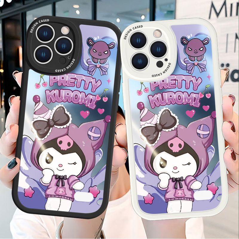 Hontinga เคส Y91C สำหรับ Vivo Y91 95 Y1Sเคสโทรศัพท์ซิลิโคนนิ่มหนังกระจก Kuromi น่ารักเคสป้องกันกล้องคลุมทั้งหมดฝาหลังกันกระแทกเคสโทรศัพท์เคสนิ่มสำหรับเด็กผู้หญิง