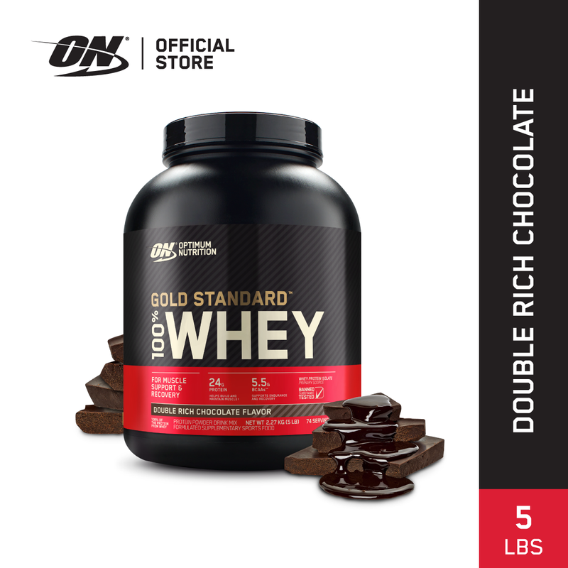 Optimum Nutrition Whey Protein Gold Standard 5LB - เวย์โปรตีน เหมาะสำหรับผู้ที่อยากเพิ่มกล้ามเนื้อ [แถมฟรี ขนาดทดลอง สำหรับ รส Double Rich Chocolate เท่านั้น]