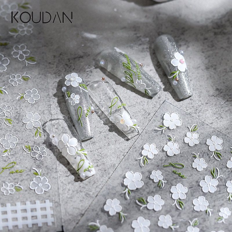 Koudan สติกเกอร์เจล ลายดอกไม้ 5D สีขาว สําหรับตกแต่งเล็บ