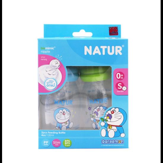 NATUR เนเจอร์ โดเรม่อน ขวดนม PP ขนาด 4oz แพ็ค 2 มาพร้อมจุกนมไบโอมิมิค ไซส์S