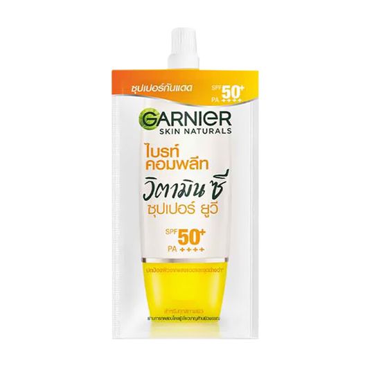 GARNIER การ์นิเย่ ไบร์ท คอมพลีท วิตามินซี ซูเปอร์ ยูวี เอสพี่เอฟ50พีเอ+++.GARNIER BRIGTH COMPLETE VITAMIN C SUPER UV SPF50PA+++.( 1 กล่อง/ 6 ซอง มีให้เลือก2สูตร)