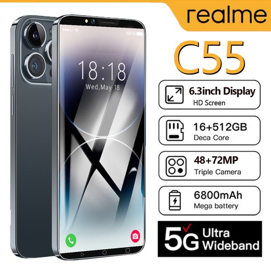 โทรศัพท์ Realma C55 โทรศัพท์ถูกๆ โปรโมชั่นใหม่ สมาร์ทโฟน 4G/5G รองรับ 2 ซิม โทรศัพท์มือถือ 6.3 นิ้ว (Ram16G + Rom512G) สมาร์ทโฟน HD พิกเซลสูงมาก กล้องหน้า เหมาะสำหรับ Facebook Line Youtube ใช้งานได้เร็ว โทรศัพท์ราคาถูกๆ พร้อมส่งในไทย