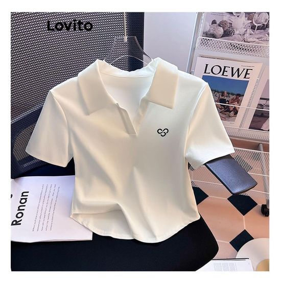 Lovito เสื้อยืดเย็บปักถักร้อยแบบสบาย ๆ สำหรับผู้หญิง LNE51076