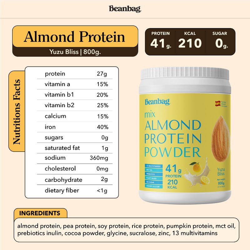 Beanbag Mix Almond Protein โปรตีนอัลมอนด์และโปรตีนพืชรวม 5 ชนิด รส Yuzu Bliss 800g