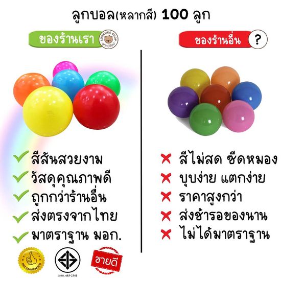 บอลพลาสติกหลากสี เนื้อหนาอย่างดี 100 ลูก เนื้อหนา ลูกใหญ่ ผลิตในไทยปลอดสารพิษ เกรดพรีเมี่ยม