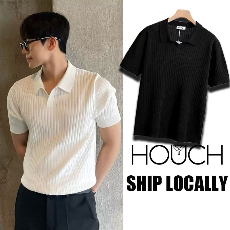 Houch พร้อมส่ง COD เสื้อโปโล คอปก แขนสั้น ติดกระดุม เข้ารูป ระบายอากาศได้ดี ลําลอง สไตล์เรียบง่าย สําหรับผู้ชาย ลายขวาง เกาหลี เสื้อโปโล เหมาะกับฤดู