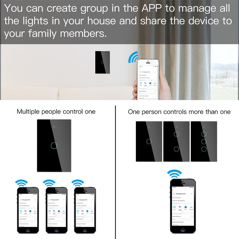 Tuya Wifi Wall Switch สวิตช์ไฟ เชื่อมต่อ Wifi แป้นสวิตช์สัมผัส Wifi สั่งงานผ่าน Amazon Alexa และ Google Home 1/2/3 Gang ใช้กับแอพ TuyaSmart หรือ Smart Life B63