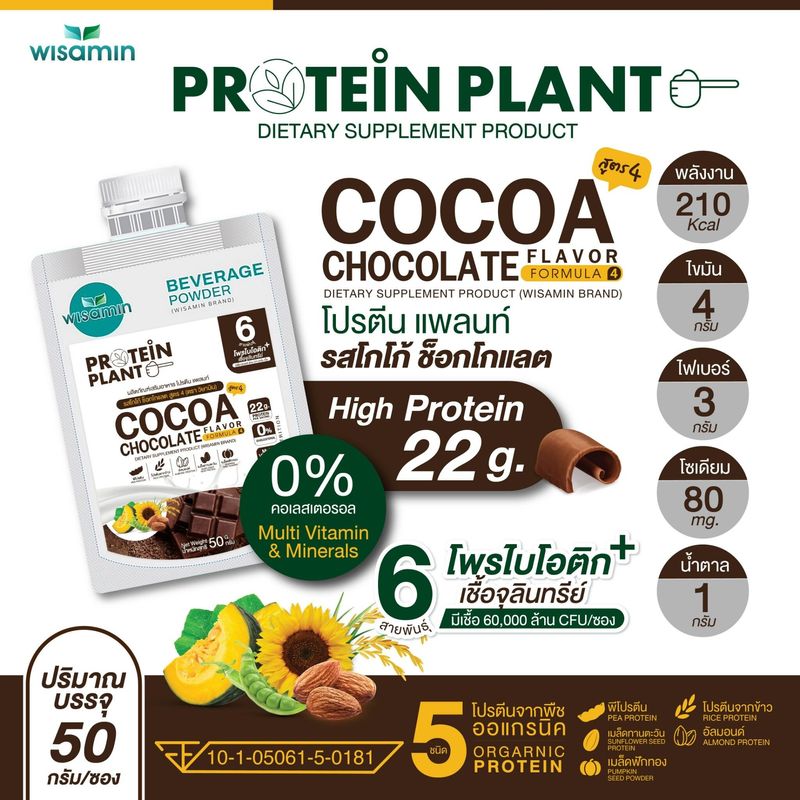 Protein Plant สูตร 4 โปรตีนแพลนท์ ((ชนิดซองชงดื่ม มี 14 รสชาติ)) โปรตีนจากพืช 5 ชนิด ออแกรนิก ปลอด GMO มีโพรไบโอติกส์ 6 สายพันธุ์ (ปริมาณ 50 กรัม/ซอง)