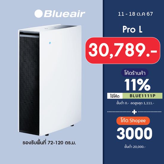 Blueair เครื่องฟอกอากาศ Air Purifier รุ่น Pro L แผ่นกรองแบบ SmokeStop ครอบคลุมขนาดห้อง 173 ตร.ม ฟอกเร็วใน 30 นาที