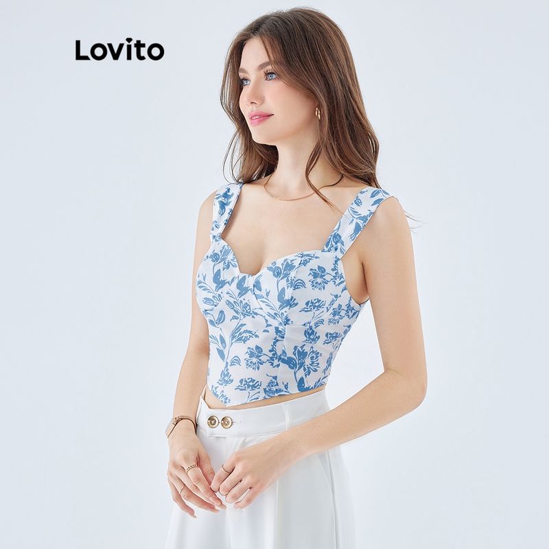 Lovito เสื้อกล้ามหรูหรา สายสปาเกตตี้ ลายดอกไม้สำหรับสตรี L49ED015 (สีฟ้าอ่อน)