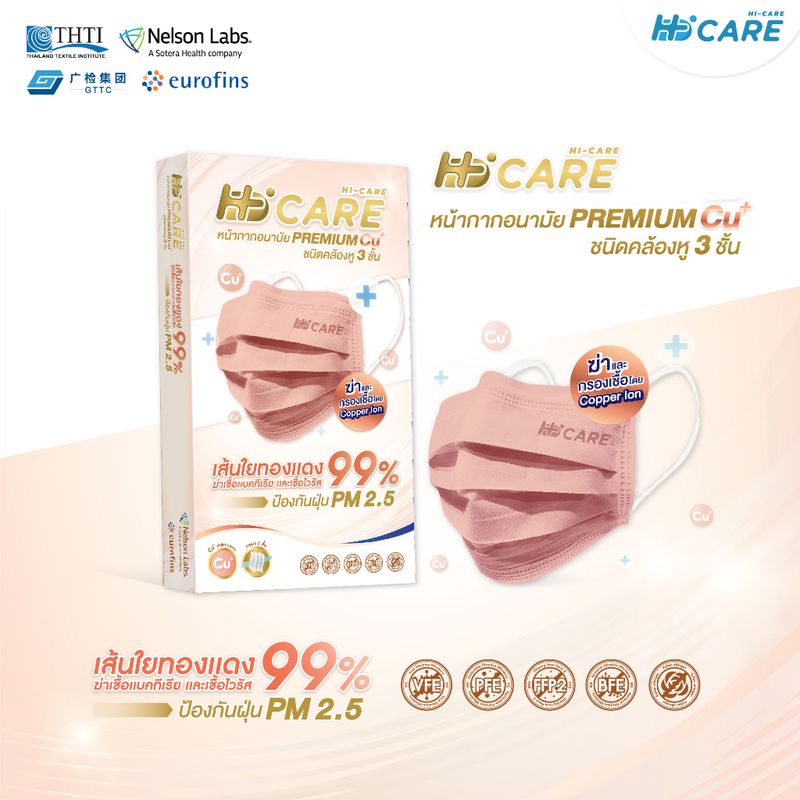 Hi-Care Premium Grade Copper หน้ากากอนามัยหนาพิเศษ (รองรับ PM2.5 กรองเชื้อโรค) แผ่นกรอง 3 ชั้น ชนิดคล้องหู / 10 ชิ้น